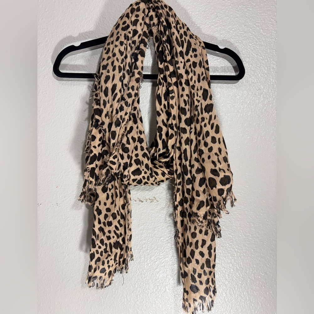 Leopard Print Tan and Black cover up Scarf with Fringed Edges